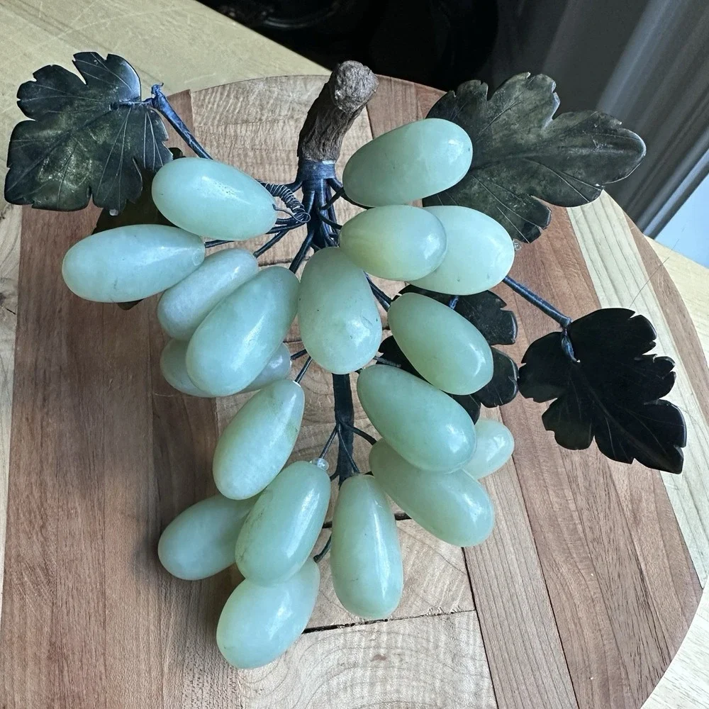 Vintage Grape Cluster 7 Inch Nephrite Jade Alabaster Leaves Mid Century Decor